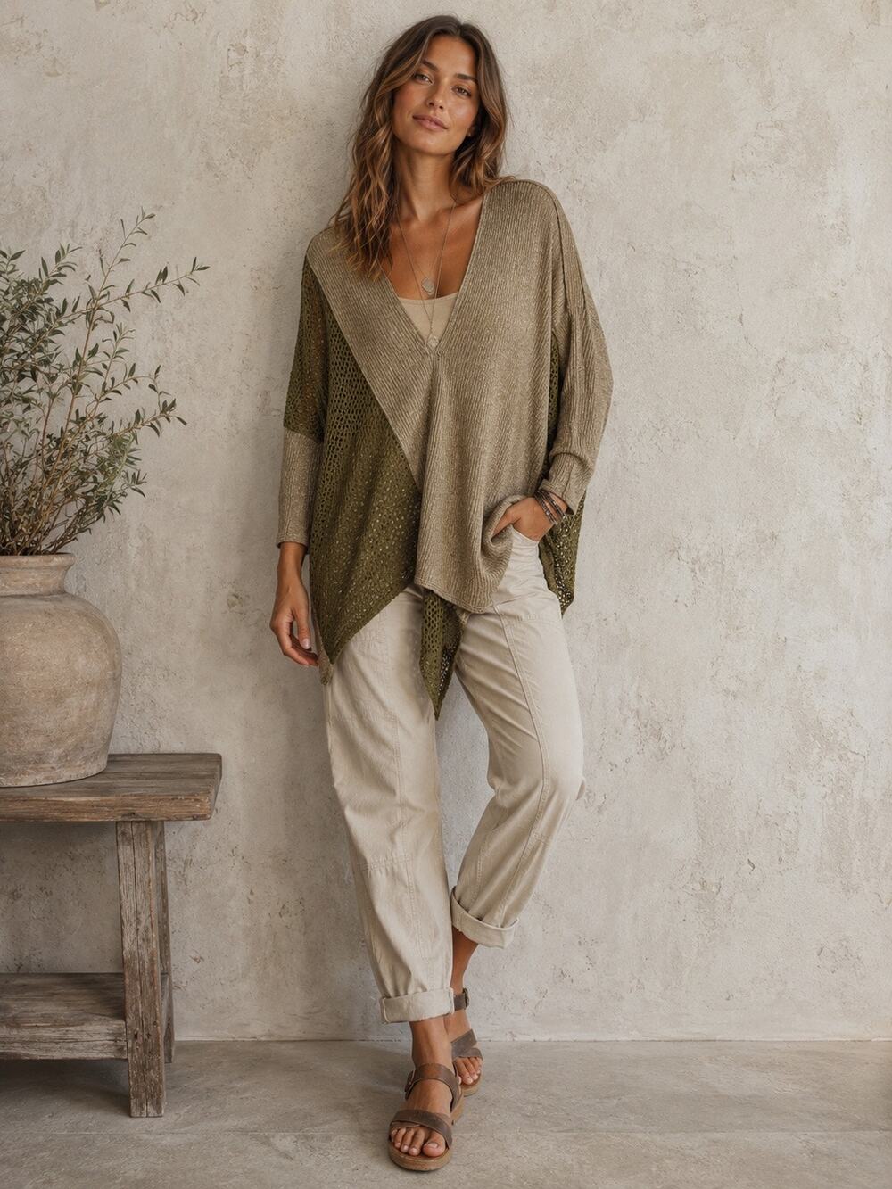 XCVI Women S Mixed-Media Colorblock Sweater Earthy Green Asymmetrical Lagenlook